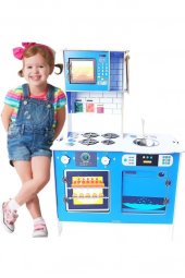 Woodylife Ahşap Çocuk Oyuncak Mutfak Seti104 cm UV Baskılı Pastalı Mavi Evcilik Oyuncak Kutu