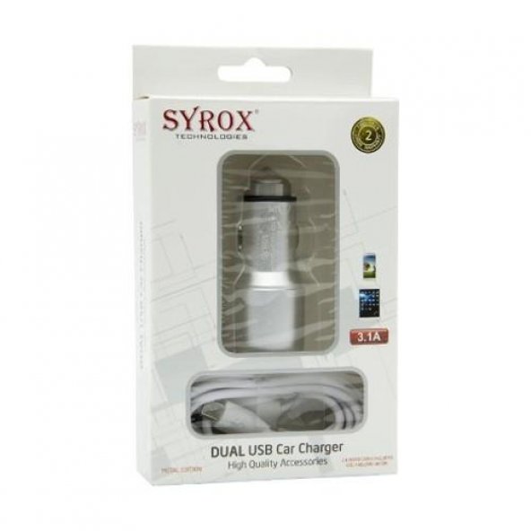 Syrox Çift Girişli Araç Şarj Aleti + Ek Kablolu 3.1Amp. - Syx-C32