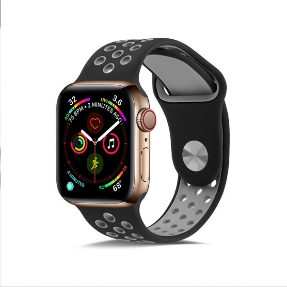 KNY Apple Watch 44 MM İçin Delikli Renkli Spor Silikon Kordon-Kayış Siyah-Gri Siyah - Gri