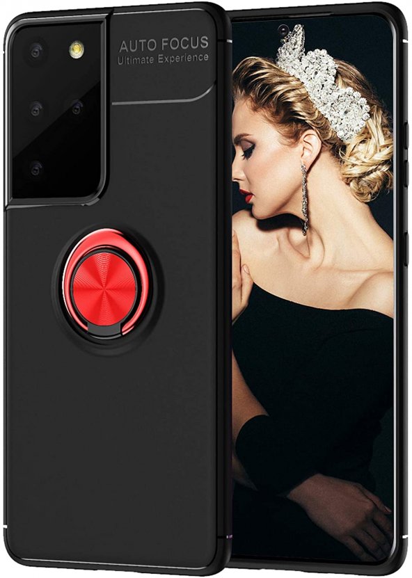 KNY Samsung Galaxy S21 Ultra Kılıf Yüzüklü Manyetik Ravel Silikon Siyah - Kırmızı