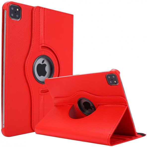 KNY Apple İpad Pro 12.9 2021 Kılıf Dönerli Standlı Kapaklı Suni Deri Kırmızı