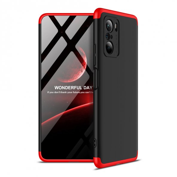 KNY Xiaomi Redmi K40 Kılıf 3 Parça 360 Ays Kapak Siyah - Kırmızı