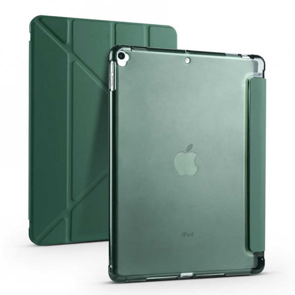 Apple iPad 10.2 2021 (9.Nesil) Smart Cover Kalem Yuvalı Standlı Yumuşak Silikon Arkası Şeffaf Renkli Tablet Kılıfı