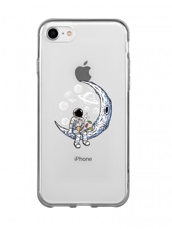 iPhone SE (2020) Keyifli Astronot Lens Korumalı Şeffaf Telefon Kılıfı