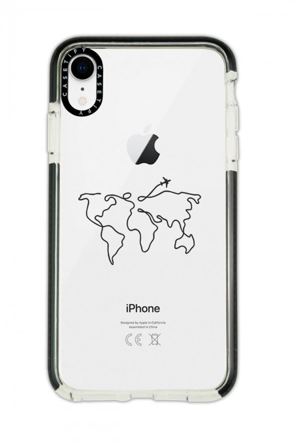 iPhone XR Casetify Dünya Harita Rota Desenli Anti Shock Premium Silikonlu Siyah Kenar Detaylı Telefon Kılıfı