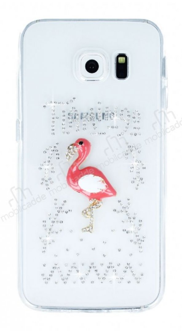 Samsung Galaxy S6 Edge Taşlı Flamingo Şeffaf Silikon Kılıf
