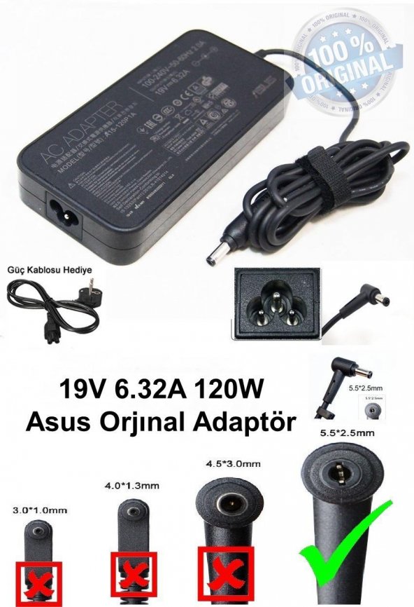 ORJINAL ASUS N550JK-CN043H Gaming Laptop Adaptör Şarj Cihazı 19v 6.32A 120w Notebook Adaptörü