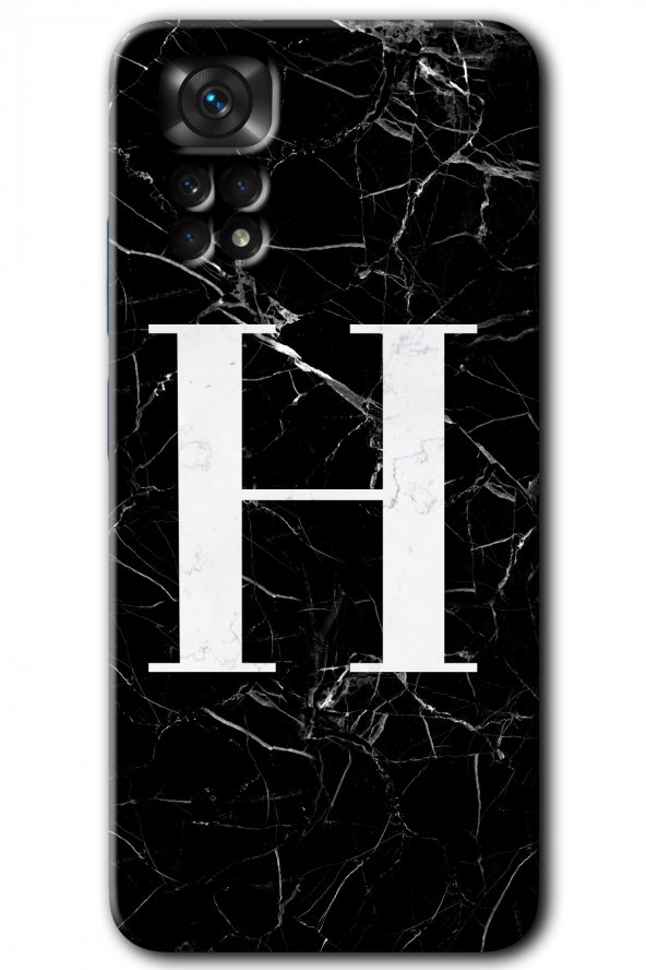 Redmi Note 11 Pro 5G Kılıf HD Desen Baskılı Arka Kapak - Siyah Mermer Desenli H Harfi