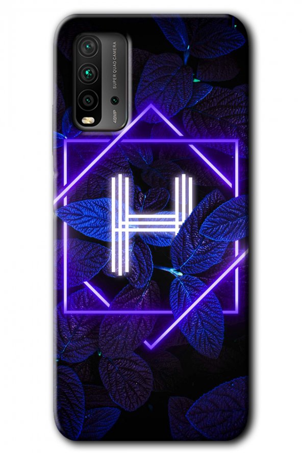 Redmi 9T Kılıf HD Desen Baskılı Arka Kapak - Dark Neon Yaprak H Harfi