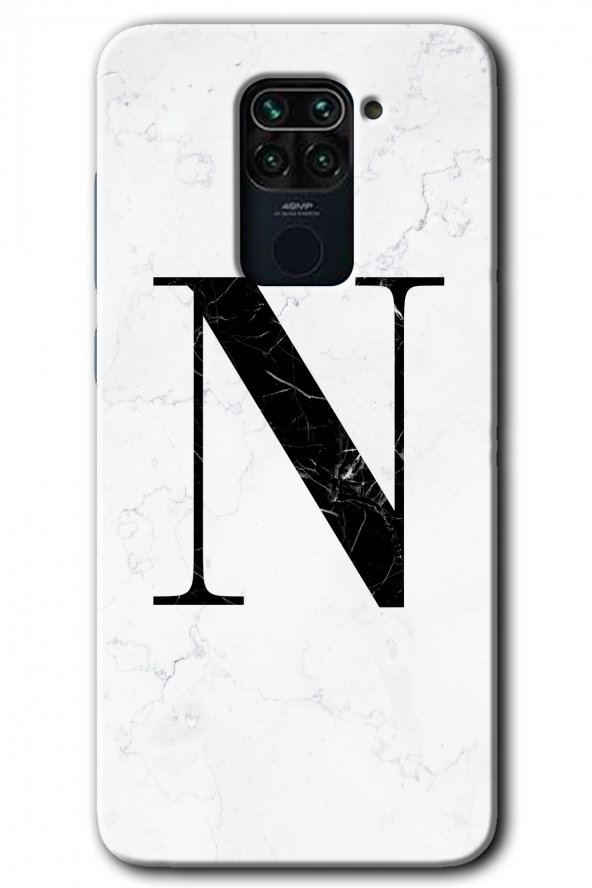 Redmi Note 9 Kılıf HD Desen Baskılı Arka Kapak - Beyaz Mermer Desenli N Harfi