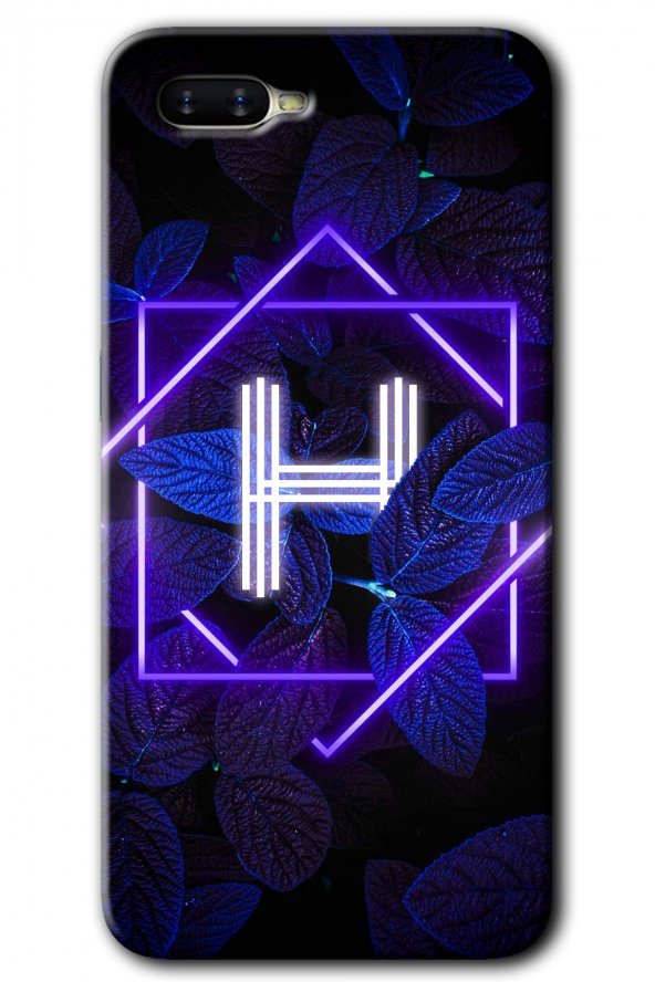 Oppo Rx 17 Neo Kılıf HD Desen Baskılı Arka Kapak - Dark Neon Yaprak H Harfi