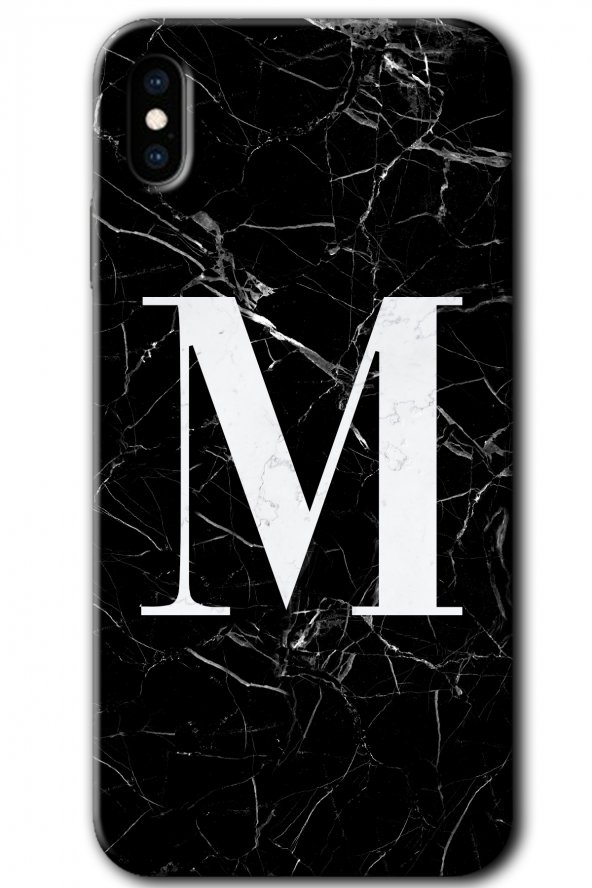 iPhone X Kılıf HD Desen Baskılı Arka Kapak - Siyah Mermer Desenli M Harfi