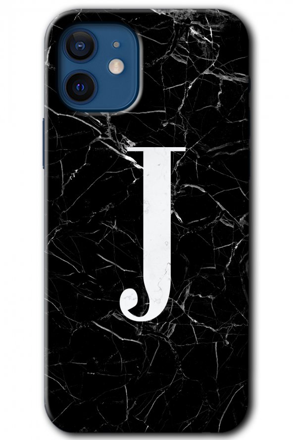 iPhone 12 Kılıf HD Desen Baskılı Arka Kapak - Siyah Mermer Desenli J Harfi