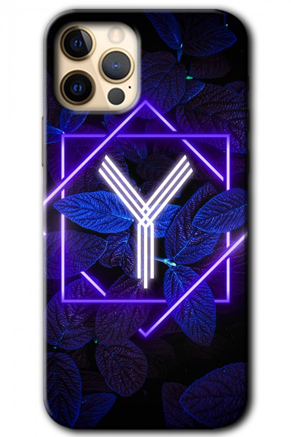 iPhone 11 Pro Max Kılıf HD Desen Baskılı Arka Kapak - Dark Neon Yaprak Y Harfi