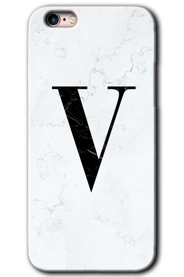 iPhone 6 Plus Kılıf HD Desen Baskılı Arka Kapak - Beyaz Mermer Desenli V Harfi