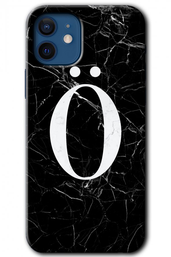 iPhone 12 Mini Kılıf HD Desen Baskılı Arka Kapak - Siyah Mermer Desenli Ö Harfi
