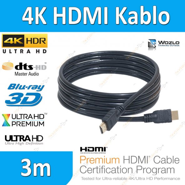 4K 3D Ultra Hd 3 Metre Ethernet Destekli Altın Uçlu Hdmi Kablo