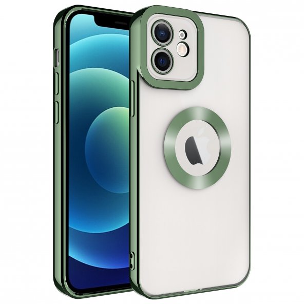 KNY Apple İphone 12 Kılıf Renkli Kenarlı Parlak Logosu Açık Omega Silikon Yeşil
