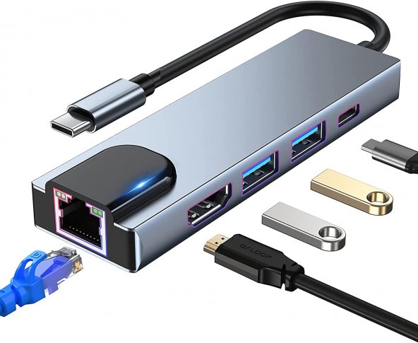 aogo Type c Hub 5 in 1 Type-C to 4K HDMI + 2x USB 3.0 + Type-C + LAN RJ45 USB C Hub Multiport Adapter
