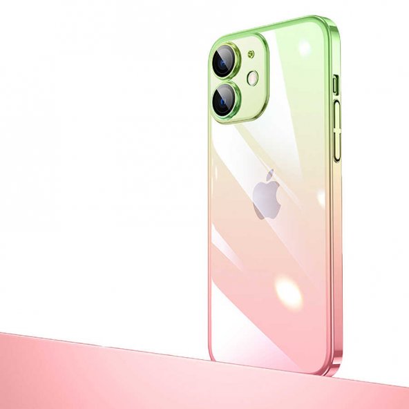 Apple iPhone 12 Kılıf Parlak Renk Geçişli Kamera Korumalı Senkron Kapak - Pembe-Yeşil