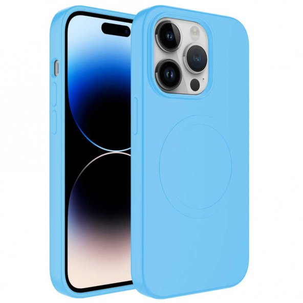 Apple iPhone 13 Pro Max Kılıf Magsafe Wireless Şarj Özellikli Pastel Renk Silikon Plas Kapak - Mavi Açık