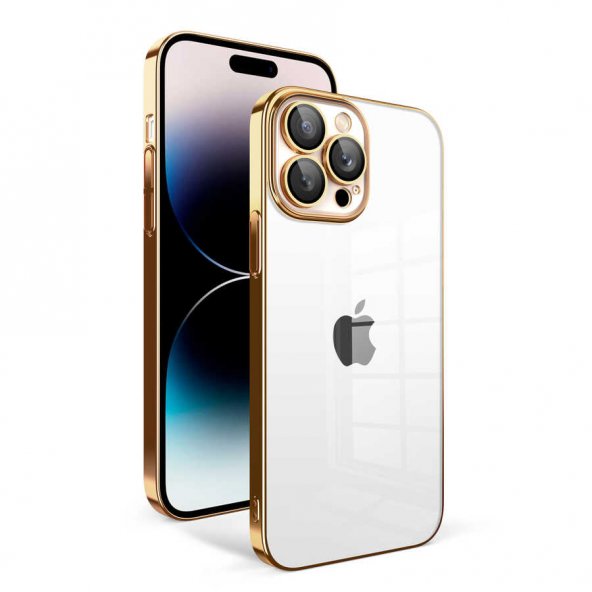 Apple iPhone 14 Pro Kılıf Kamera Korumalı Renkli Çerçeveli Garaj Kapak - Gold