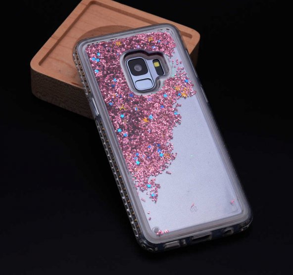 Samsung Galaxy S9 Kılıf Sıralı Taşlı Sıvılı Silikon - Rose Gold