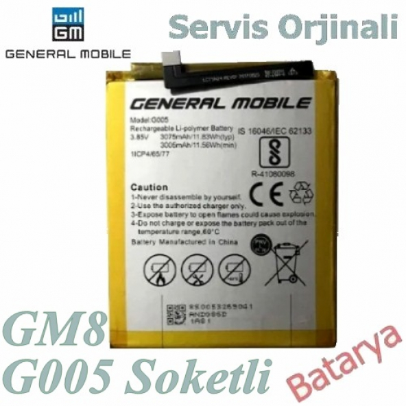 General Mobile Discovery GM8 Batarya G005 Soketli Uyumlu Servis Ürünü Yedek Batarya