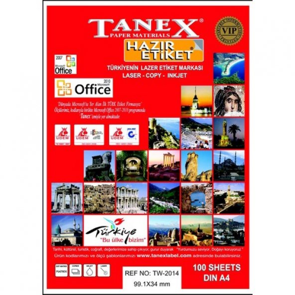 Tanex Lazer Etiket tw-2016 100 A4 Sayfa Laser Etiket 99.1 X 34 mm Boyutunda 1 A4 Sayfada 16 Etiket