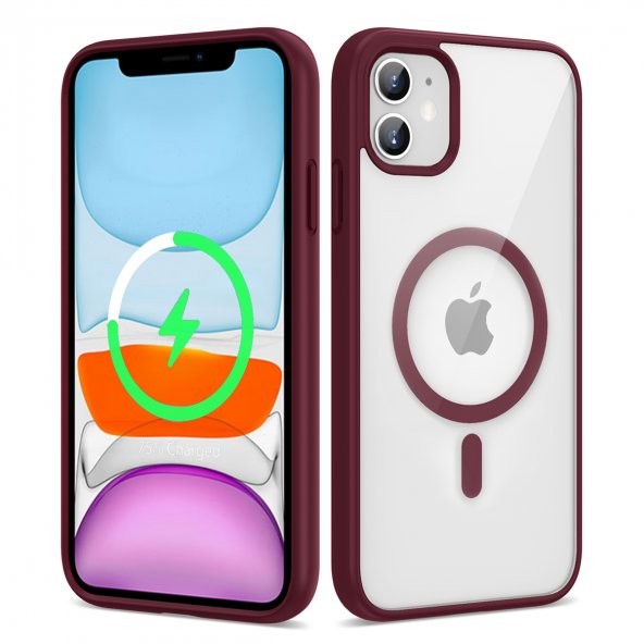 KNY Apple İphone 11 Kılıf Silikon Kenarlı Renkli Magsafeli Sert Ege Kapak Bordo