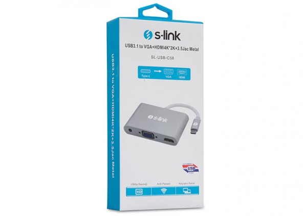 S-link SL-USB-C58 USB3.1 Metal to VGA+HDMI4K-2K+3.