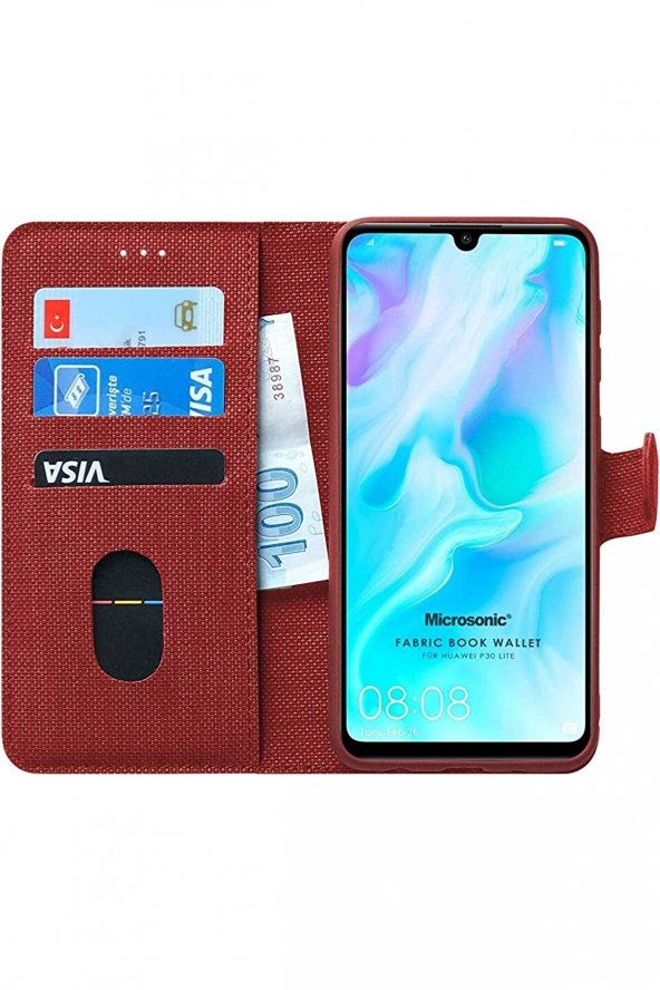 Huawei P30 Lite Kılıf Fabric Book Wallet Kırmızı
