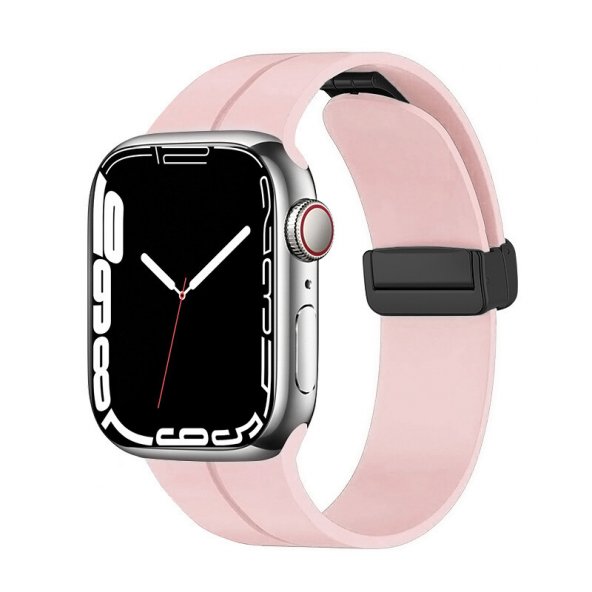 KNY Apple Watch 7 45 MM İçin Manyetik Kopçalı Renkli Silikon Kayış-Kordon KRD-84 Pembe