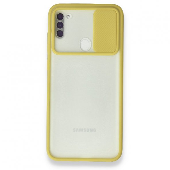 Samsung Galaxy M11 Kılıf Palm Buzlu Kamera Sürgülü Silikon - Sarı