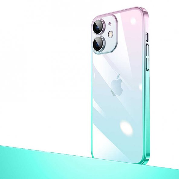 Apple iPhone 12 Uyumlu Kılıf 3D Kamera Korumalı Parlak Renk Geçişli Sert Senkron Silikon Kapak