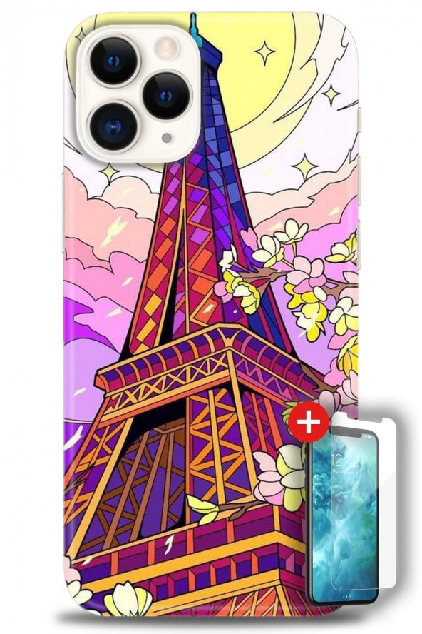iPhone 12 Pro Kılıf HD Baskılı Kılıf - Eyfel Kulesi + Temperli Cam