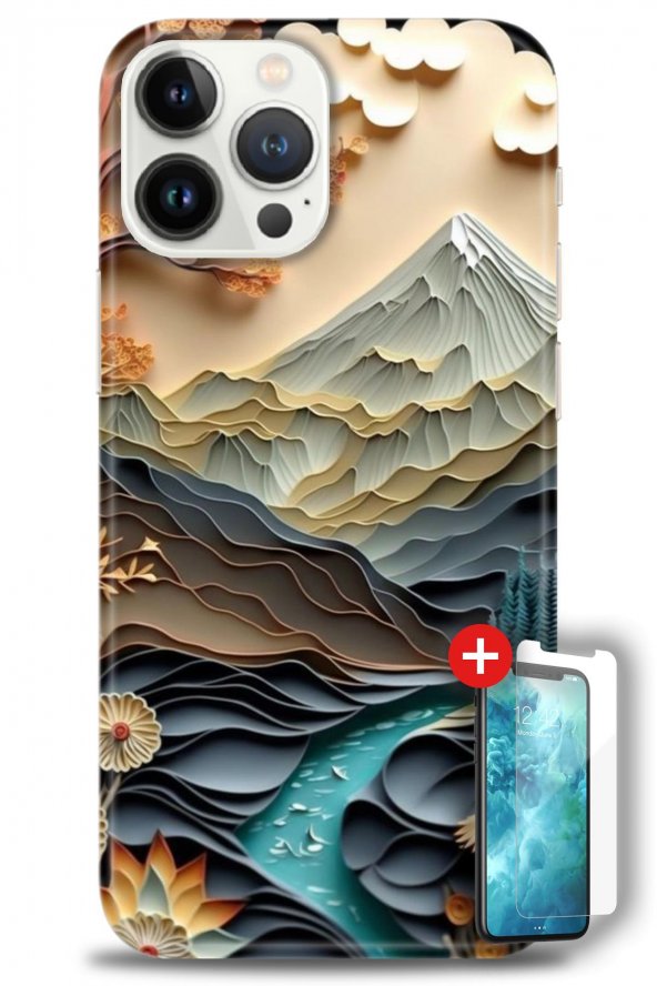 iPhone 14 Pro Kılıf HD Baskılı Kılıf - Manzara + Temperli Cam