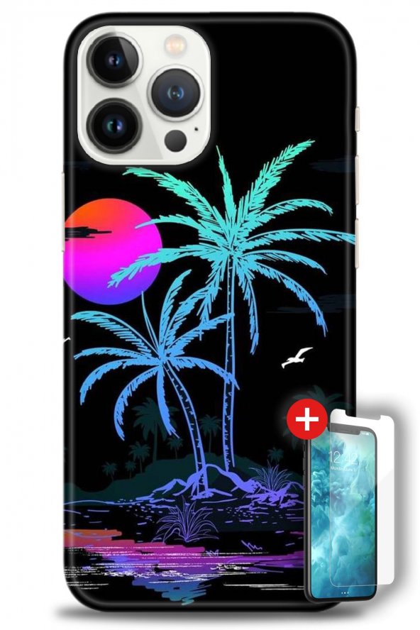 iPhone 14 Pro Kılıf HD Baskılı Kılıf - Palmiye + Temperli Cam