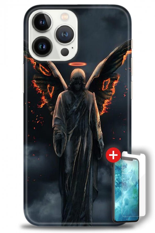 iPhone 14 Pro Kılıf HD Baskılı Kılıf - Siyah Melek + Temperli Cam