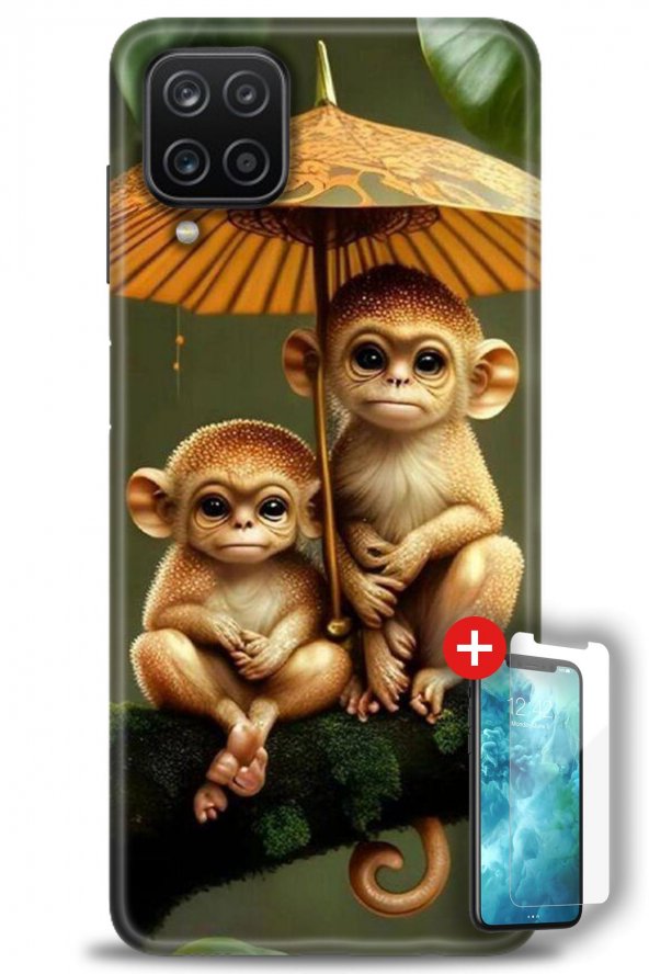 Samsung Galaxy A12 Kılıf HD Baskılı Kılıf - Maymunlar + Temperli Cam