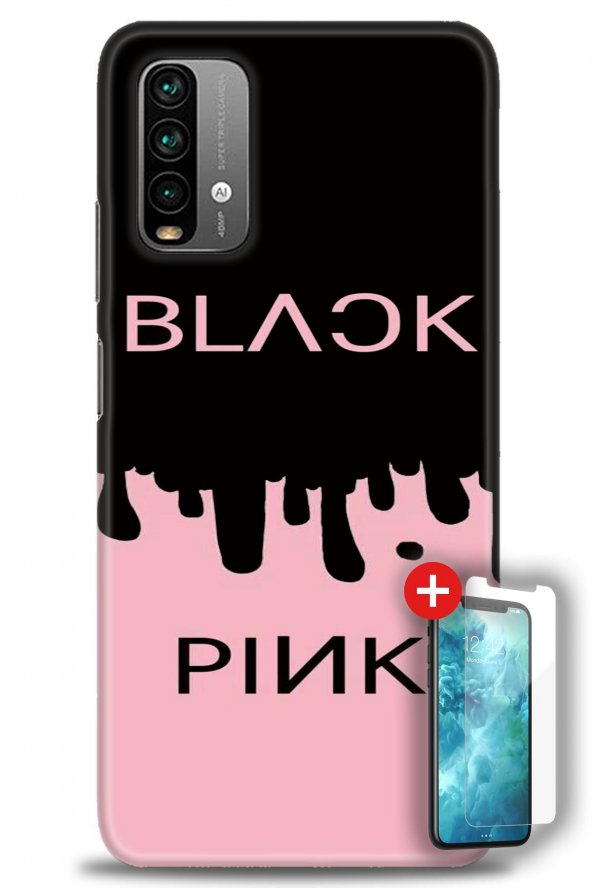 Xiaomi Redmi 9T Kılıf HD Baskılı Kılıf - Black Pink + Temperli Cam