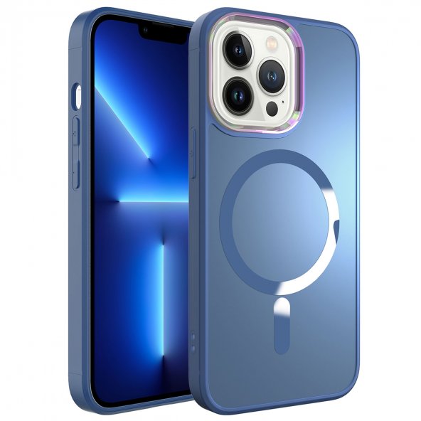 KNY Apple İphone 14 Pro Max Kılıf Renkli Kamera Çerçeveli Magsafeli Parlak Stil Kapak Mavi