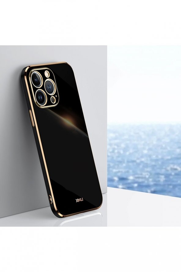 Apple Iphone 14 Pro Max Uyumlu Kılıf Parlak Kenarlı Altın Işlemeli Kamera Korumalı Kapak iPhone