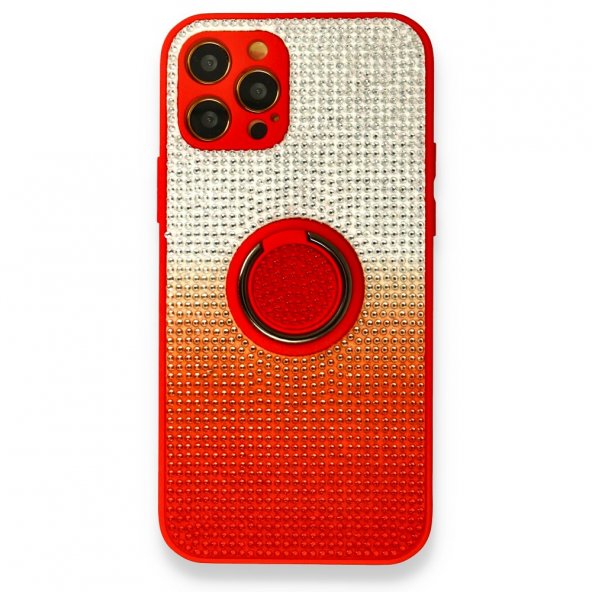 iPhone 12 Pro Max Kılıf Daytona Yüzüklü Taşlı Silikon - Kırmızı