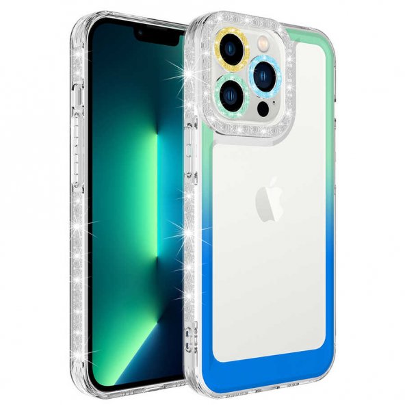 iPhone 13 Pro ile uyumlu Kılıf Taşlı ve Renk Geçiş Tasarımlı Lens Korumalı Park Kapak